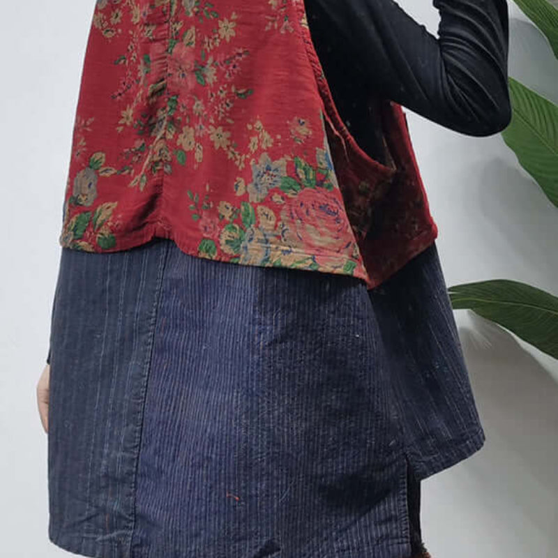 Vintage Red Stand Collar | Chinese Button Patchwork print Cotton Vest Sleeveless, available at: https://www.daltik.com/