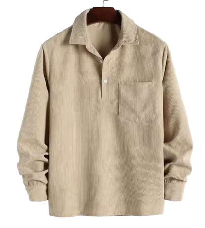Beige corduroy shirt on a hanger with a white background