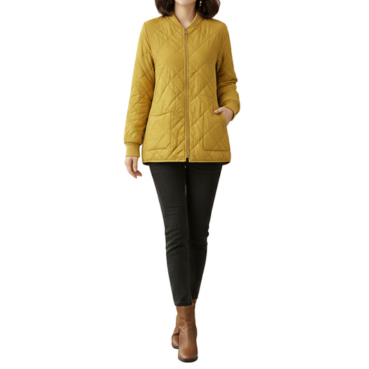 Yellow O-Neck - Zippered Plaid Thick Coats Long Sleeve