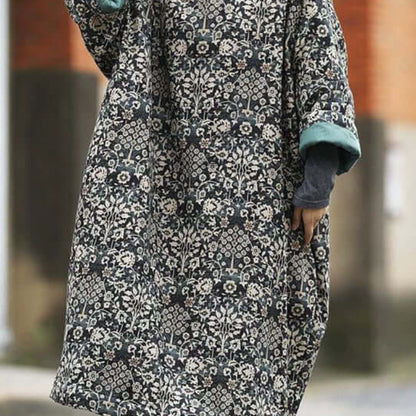 Modern-Black-Oversized-Print-Fine-Cotton-Filled-Dress-Winter-https://daltik.com/