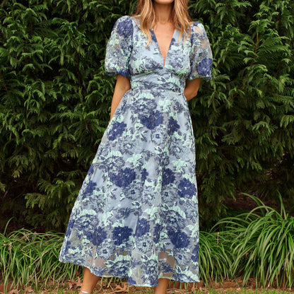 Opulence_Midi_Dress_In_Blue_-_Floral_Organza_Jacquard 11_www.daltik.com