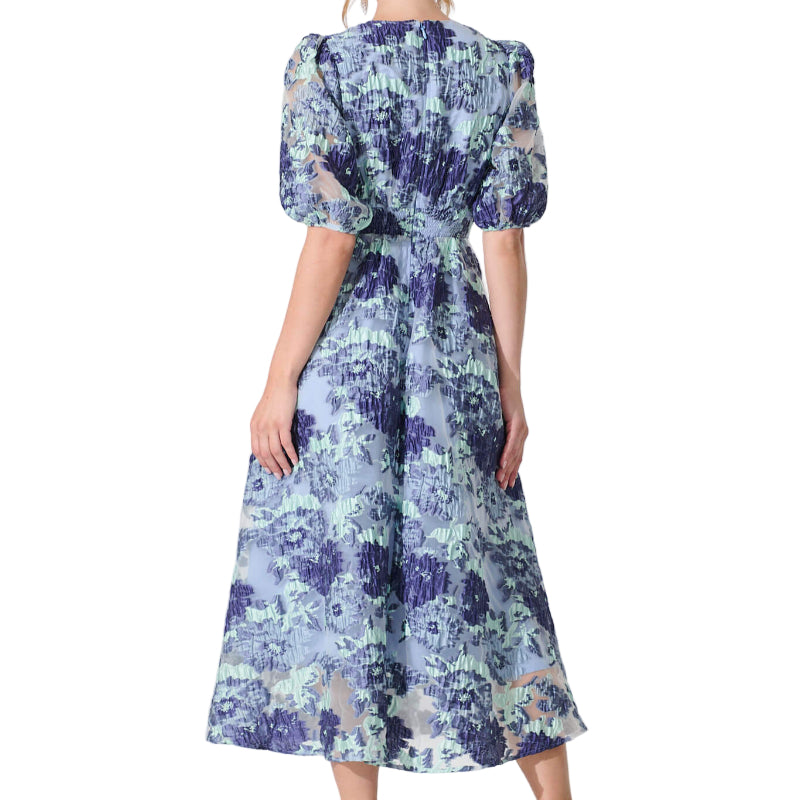 Opulence Midi Dress In Blue - Floral Organza Jacquard  2 www.daltik.com