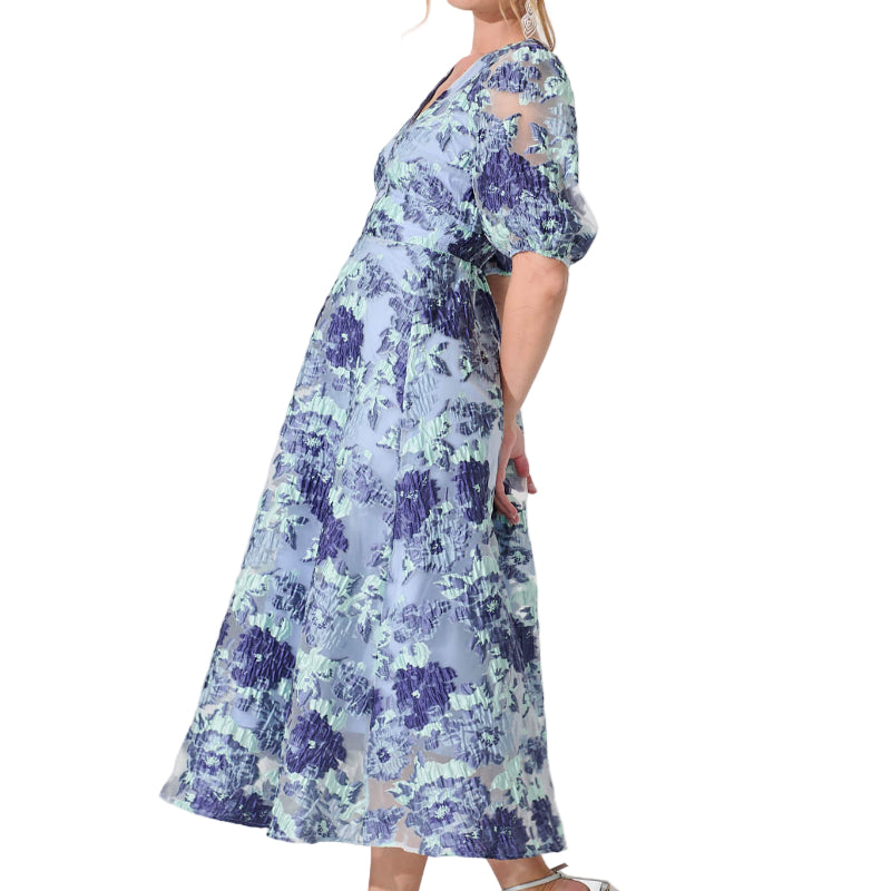 Opulence Midi Dress In Blue - Floral Organza Jacquard www.daltik.com