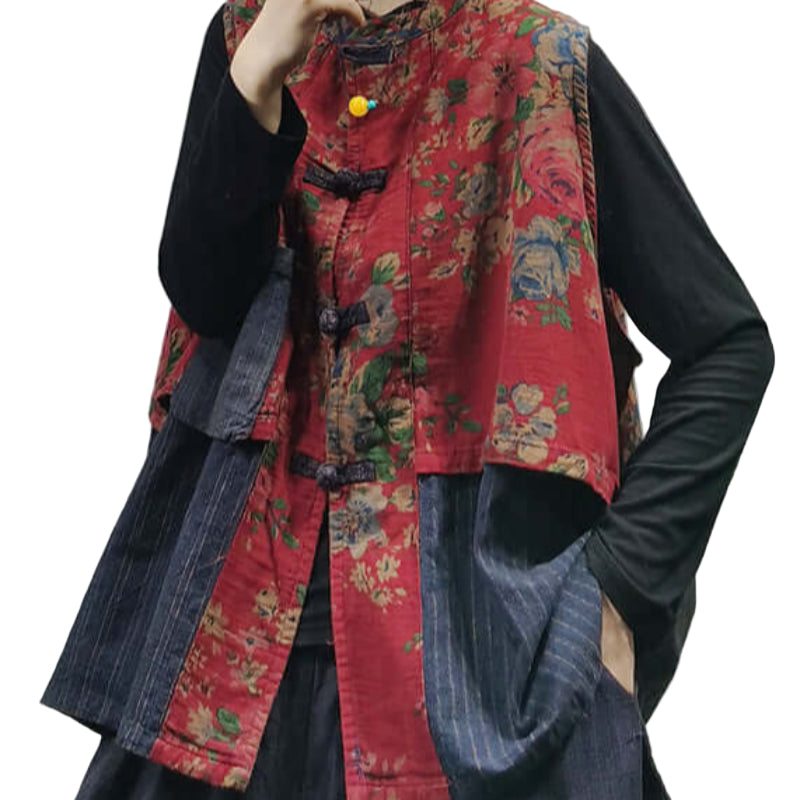 Vintage Red Stand Collar | Chinese Button Patchwork print Cotton Vest Sleeveless, available at: https://www.daltik.com/