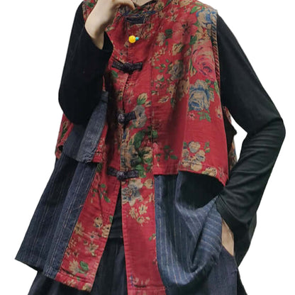 Vintage Red Stand Collar | Chinese Button Patchwork print Cotton Vest Sleeveless, available at: https://www.daltik.com/