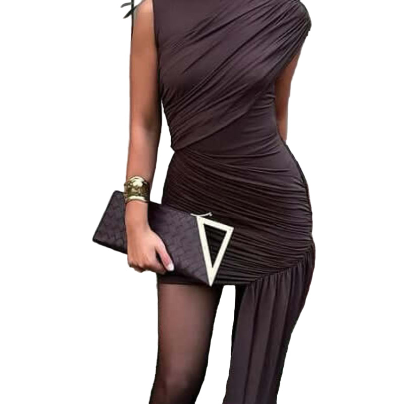 brown-high-neck-ruched-draped-mini-dress-1-www.rekoid.com